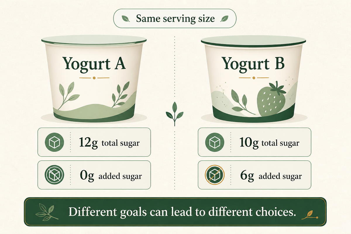 Two equal yogurt servings: Yogurt A has 12 grams total sugar and 0 grams added sugar, while Yogurt B has 10 grams total sugar and 6 grams added sugar
