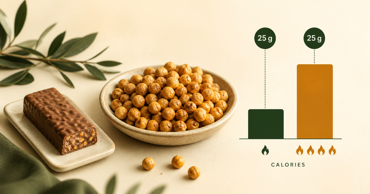 Two foods normalized to the calories each needs to deliver 25 grams of protein