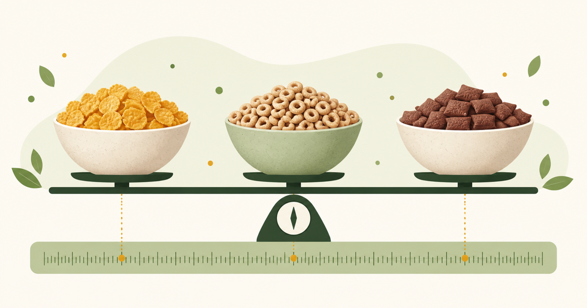 Two cereal boxes on a breakfast table, one puffed cereal and one dense flake cereal, with a bowl between them