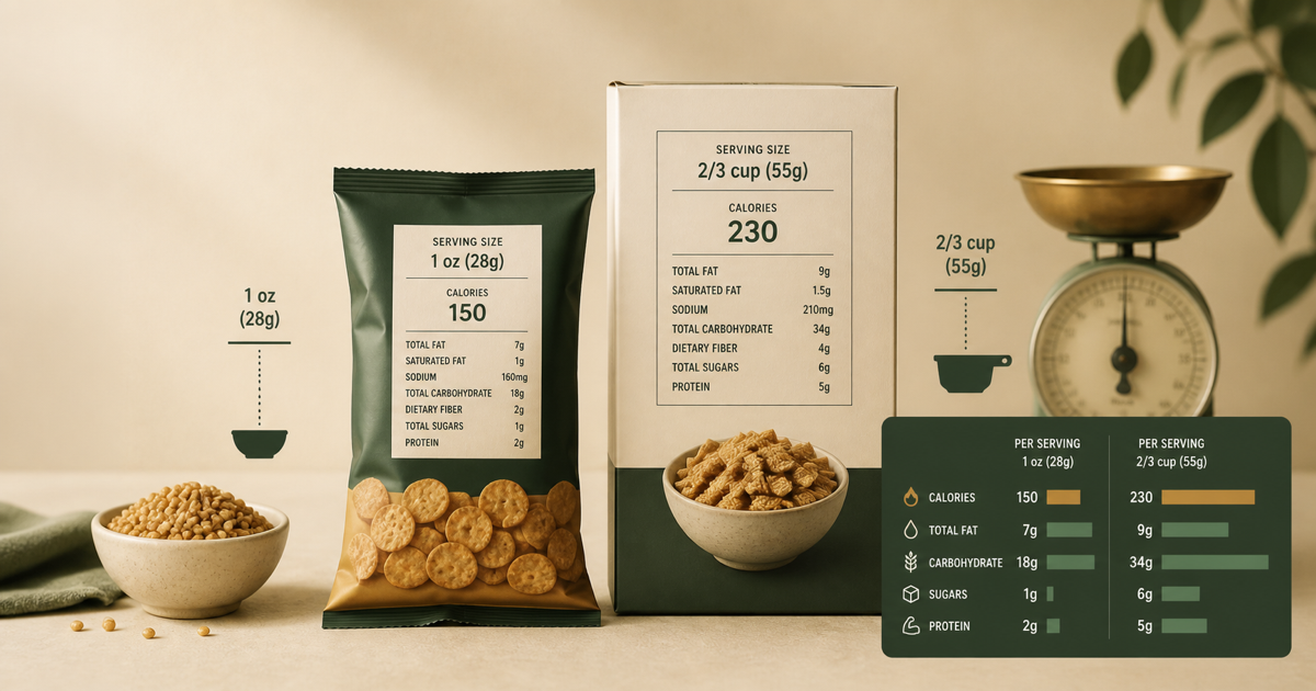 Two foods aligned by serving size and a shared comparison target