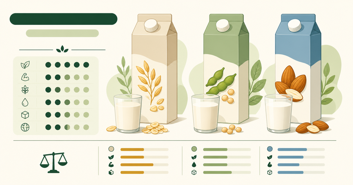 Three cartons of soy, oat, and almond milk lined up with their nutrition panels visible