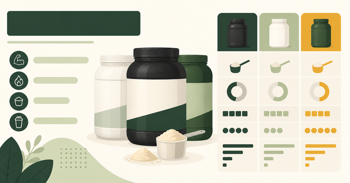 Two protein powder tubs with scoops resting on the lids, labels facing forward