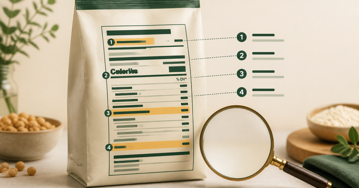 A magnified nutrition label with key rows highlighted for a practical reading order