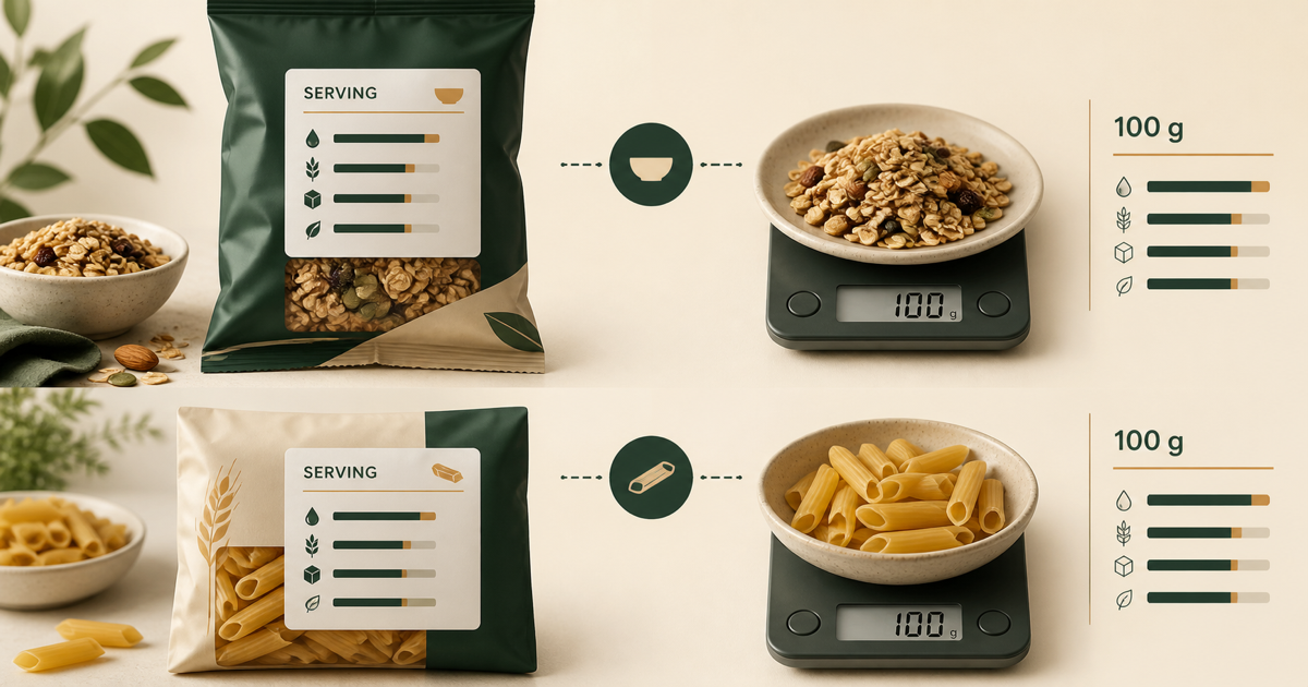 A clean split view showing per-serving context beside a 100 gram reference