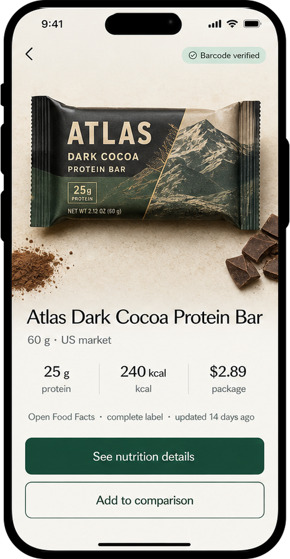 AptBite product page with key nutrition numbers