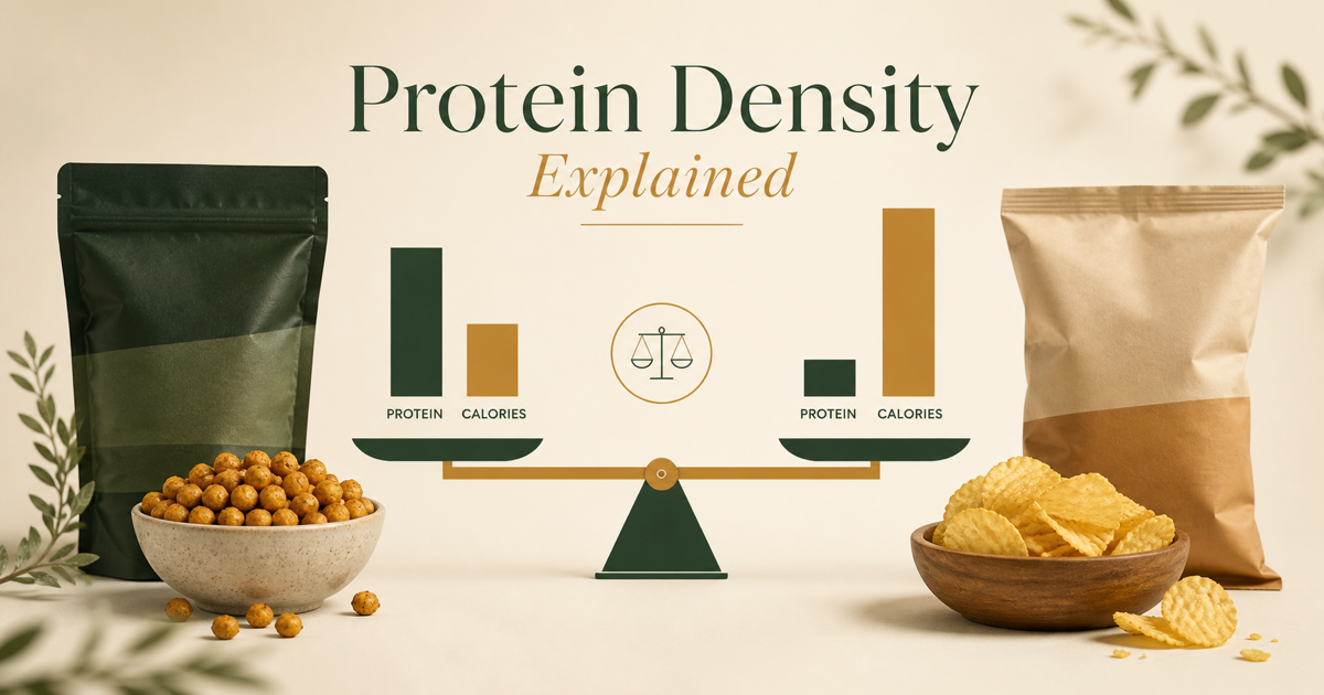 Two nutrition labels compared by grams of protein delivered per 100 calories