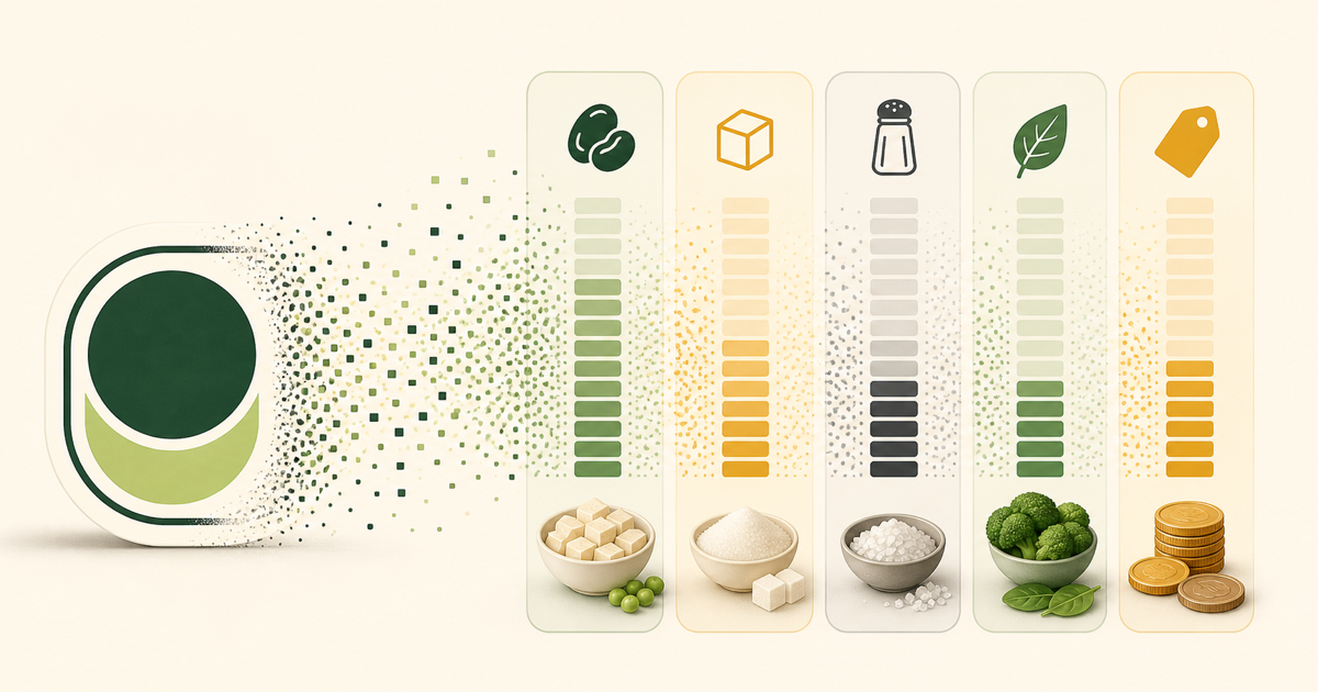 A single-letter nutrition score fading to reveal the protein and sugar numbers it compresses